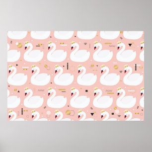 Poster Motif sans couture avec de mignons cygnes blancs. 