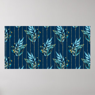 Poster Motif sans couture avec feuilles bleus et rayures