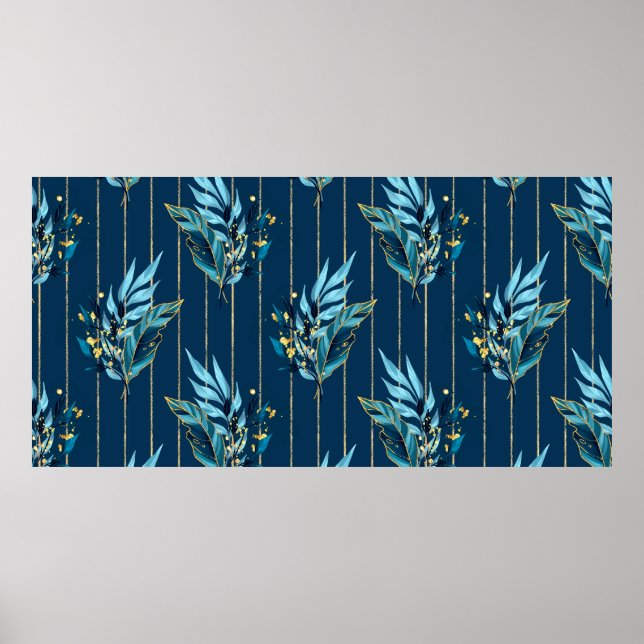 Poster Motif sans couture avec feuilles bleus et rayures (Devant)