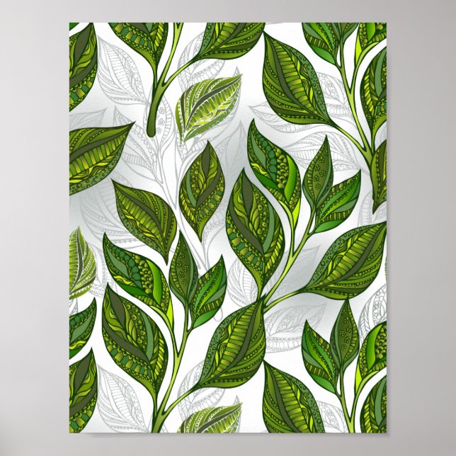 Poster Motif sans couture avec Feuilles de thé vert (Devant)