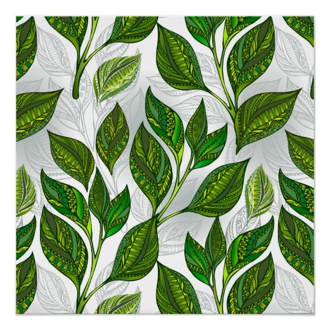 Poster Motif sans couture avec Feuilles de thé vert (Devant)