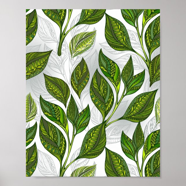Poster Motif sans couture avec Feuilles de thé vert (Devant)