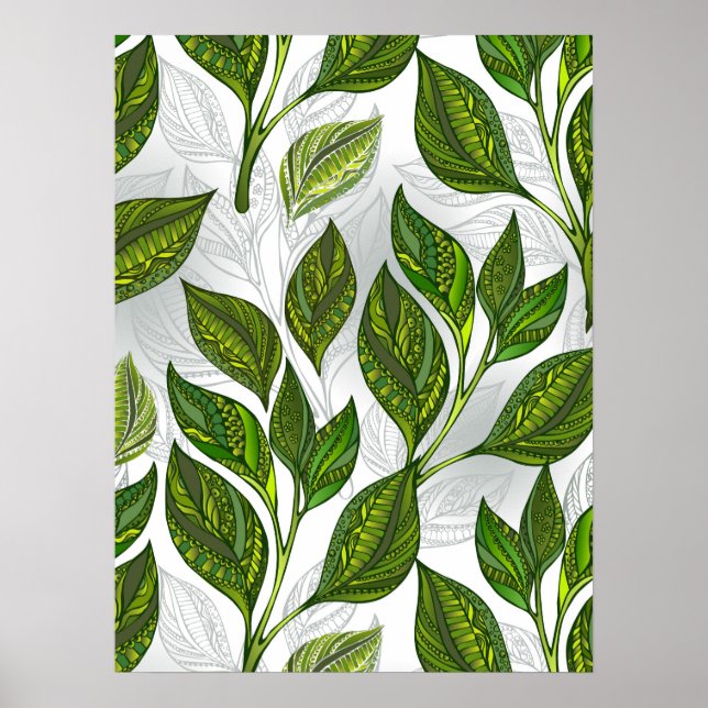 Poster Motif sans couture avec Feuilles de thé vert (Devant)