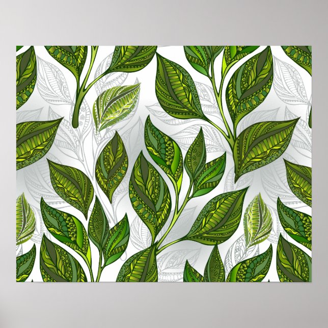 Poster Motif sans couture avec Feuilles de thé vert (Devant)