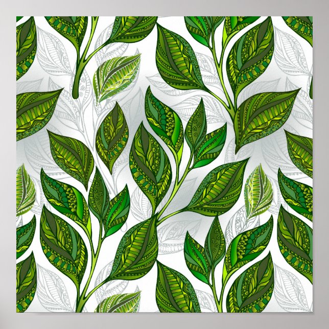 Poster Motif sans couture avec feuilles de thé vert (Devant)