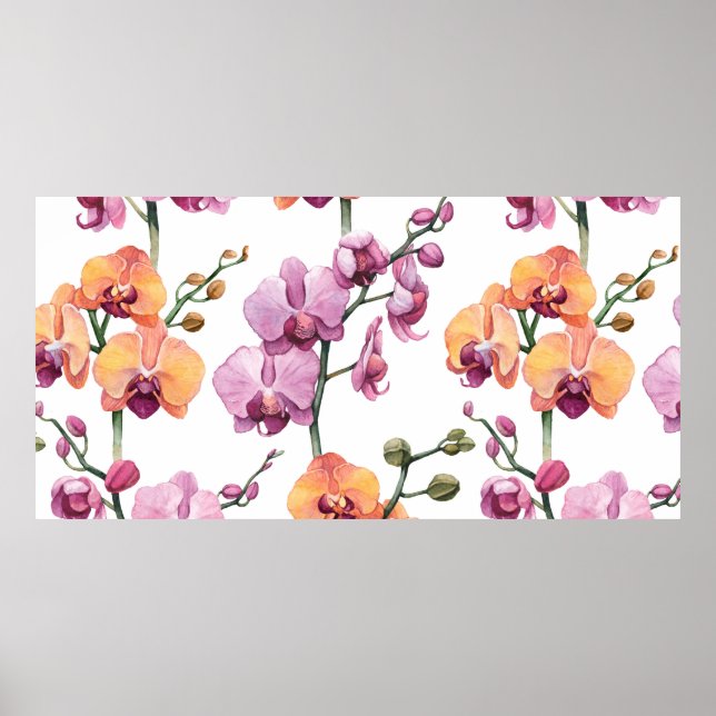 Poster Motif sans couture avec fleurs d'orchidées aquarel (Devant)