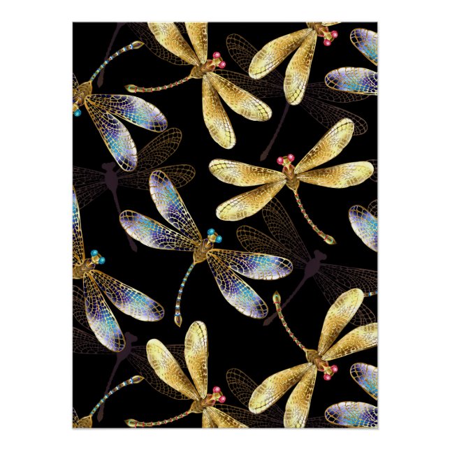 Poster Motif sans couture avec libellules d'or (Devant)