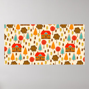 Poster Motif sans couture avec maisons dans la forêt. Vin
