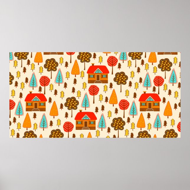Poster Motif sans couture avec maisons dans la forêt. Vin (Devant)