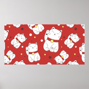 Poster Motif sans couture avec Maneki-Neko chat dessiné à