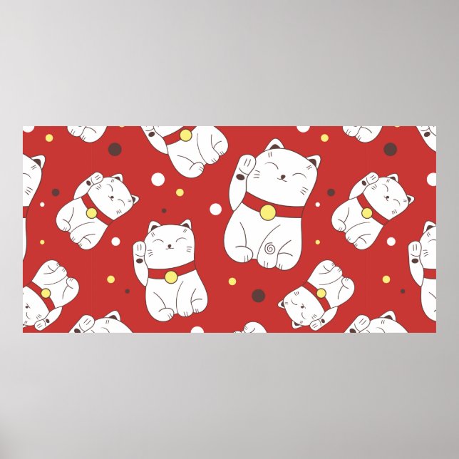 Poster Motif sans couture avec Maneki-Neko chat dessiné à (Devant)