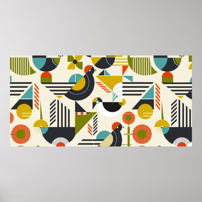 Poster Motif sans couture avec oiseaux stylisés en bauh r (Devant)