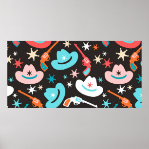 Poster Motif sans couture avec revolvers, casquettes cowb