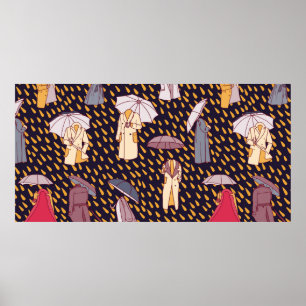Poster Motif sans couture avec temps pluvieux. Personnes 