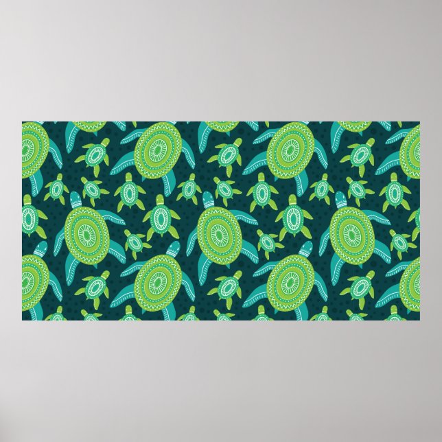 Poster Motif sans couture avec tortues vertes. Mer (Devant)