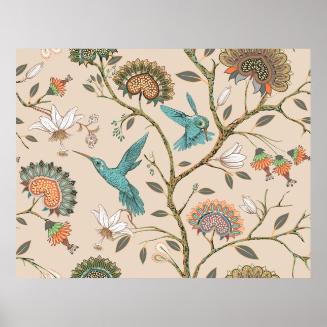 Poster Motif sans couture beige avec fleurs stylisées et  (Devant)