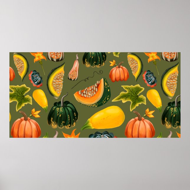 Poster Motif sans couture de citrouilles et de feuilles s (Devant)