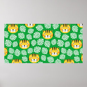 Poster Motif sans couture de tigre avec feuilles tropicau