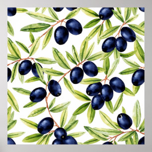 Poster Motif sans couture d'olives noires à l'aquarelle é