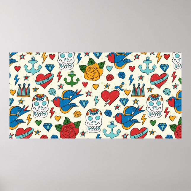 Poster Motif sans couture tatouage. (Devant)