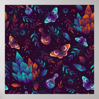 Poster Motif transparent avec papillon spatial, cristaux,