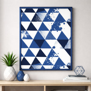 Poster Motif triangulaire bleu et blanc avec éclaboussure