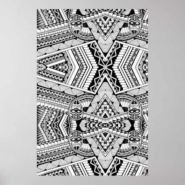 Poster Motif tribal Mandala en noir et blanc (Devant)