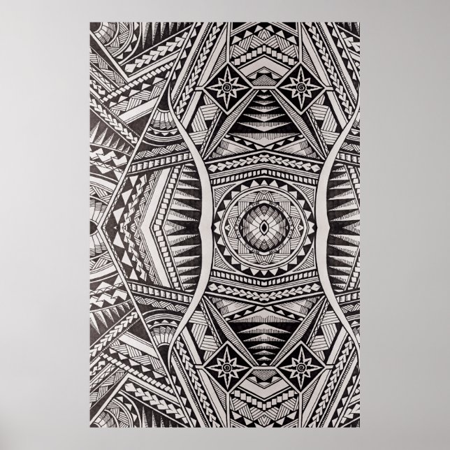 Poster Motif tribal Mandala en noir et blanc (Devant)