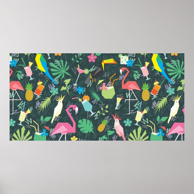 Poster Motif tropical sans couture avec oiseaux et boisso (Devant)