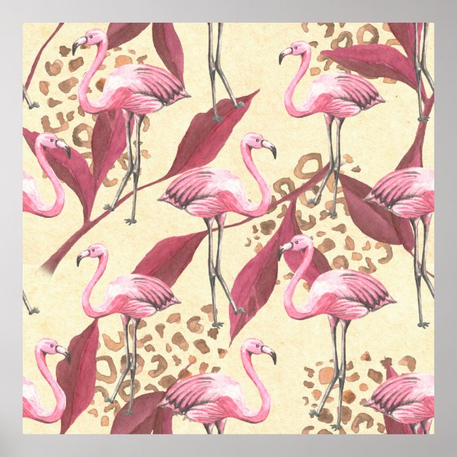 Poster Motif tropical transparent avec flamant rose, leav (Devant)