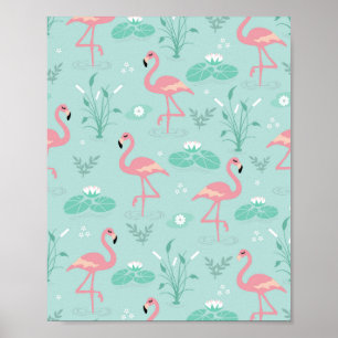 Poster Motif vert Flamants roses rose Pastel