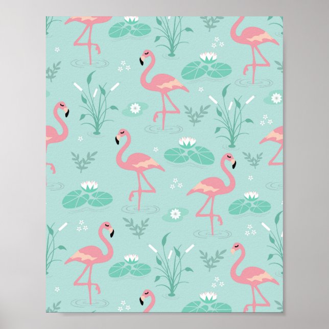 Poster Motif vert Flamants roses rose Pastel (Devant)