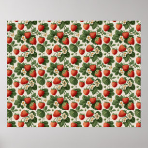 Poster Motif Vintage Fraise avec Fleurs