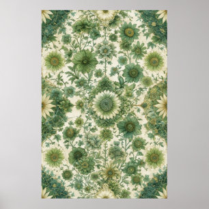 Poster Motif vintage vert et beige floral