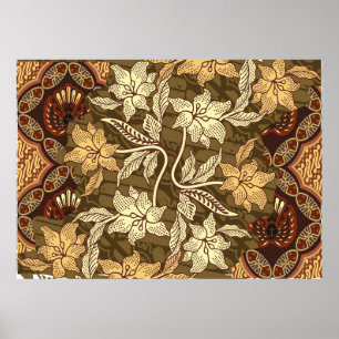 Poster Motifs batik indonésiens avec patte de flore et de