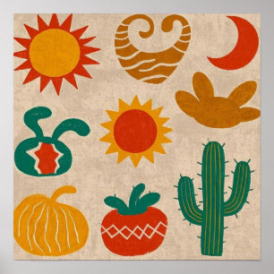 Poster Motifs bohèmes ludiques Soleils et lunes dessinés 