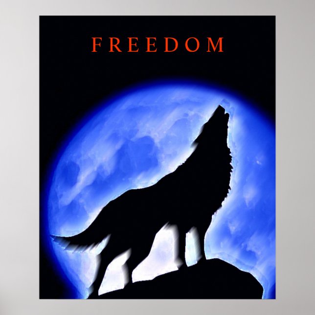 Poster Motivational Howing Wolf & Blue Night Moon (Devant)