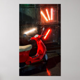 Poster Moto rouge humide dans la pluie