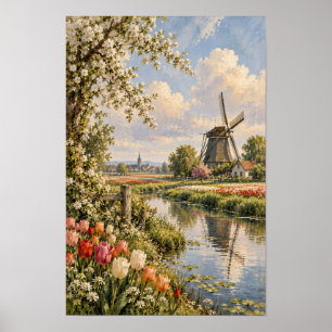 Poster Moulin à vent et mur de canal aux tulipes inspirés
