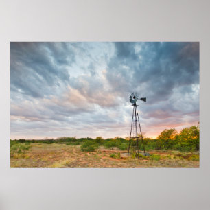 Poster Moulin à vent et nuages au coucher du soleil