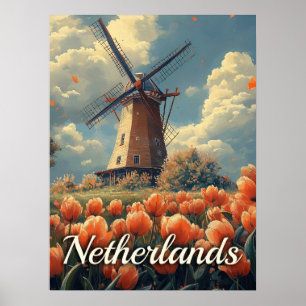 Poster Moulin à vin néerlandais vintage : Tulipes et char