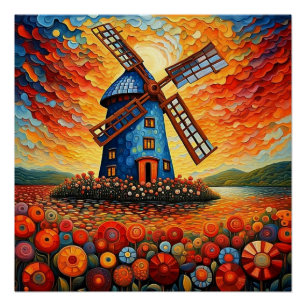 Poster Moulin au coucher du soleil 3