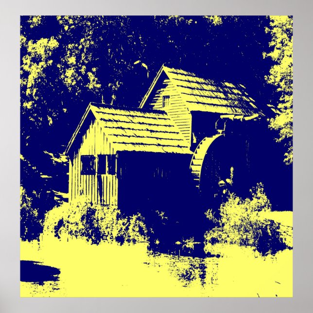 Poster Moulin bleu marine et jaune (Devant)