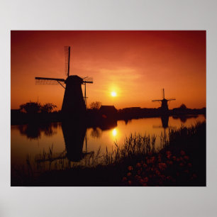 Poster Moulins à vent au coucher du soleil, Kinderdijk, P