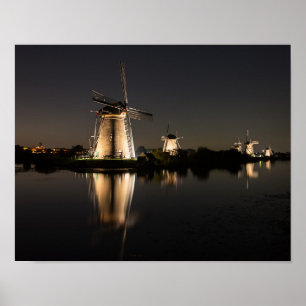 Poster Moulins à vent illuminés à l'affiche de nuit
