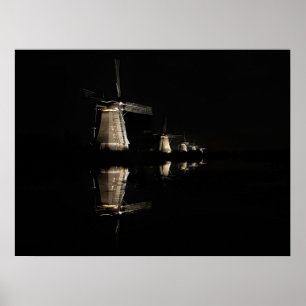 Poster Moulins à vent illuminés, Kinderdijk la nuit affic
