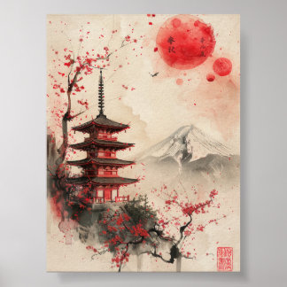 Poster Mount Fuji and Pagoda – Classic Japanese Landscape