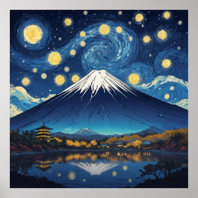 Poster mount fuji at starry night (Devant)
