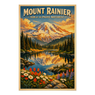 Poster Mount Rainier, Washington, USA, in a classic retro