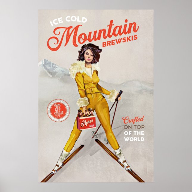Poster "Mountain Brewskis" Cool Retro Ski Pinup Art (Devant)